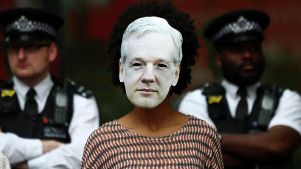 Участница акции в поддержку основателя организации WikiLeaks Джулиана Ассанжа в Лондоне