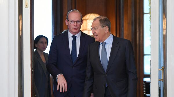 Министр иностранных дел РФ Сергей Лавров и министр иностранных дел и торговли Ирландии Саймон Ковни во время встречи в Москве. 2 июля 2019
