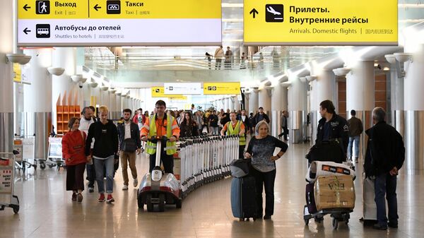 Пассажиры с чемоданами в аэропорту Шереметьево