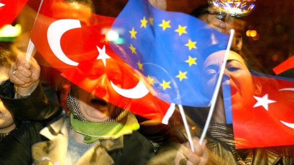 Люди с флагами Турции и ЕС в Стамбуле 