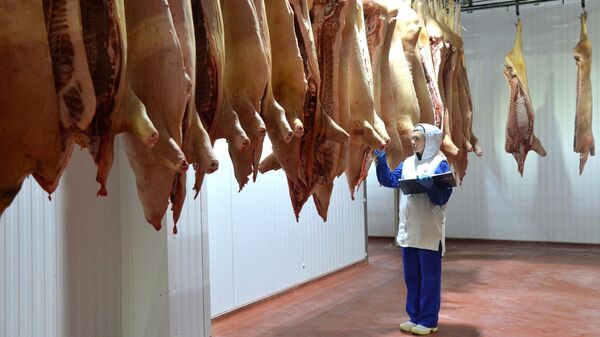 Работница фабрики мясной гастрономии агрохолдинга ОООАриант проверяет качество продукции