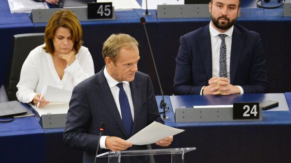 Покидающий свой пост председатель Европейского Совета Дональд Туск на первой сессии Европарламента нового созыва. 4 июля 2019