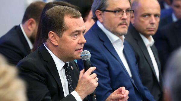 Председатель Единой России, председатель правительства РФ Дмитрий Медведев на пленарном заседании политической конференции Единой России. 5 июля 2019