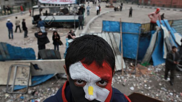 Сторонник оппозиции с лицом, раскрашенным в цвета государственного флага Египта, на баррикадах на площади Тахрир в Каире