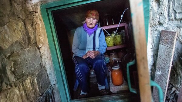 Жительница поселка Семеновка в погребе, в котором она пережидает артиллерийские обстрелы