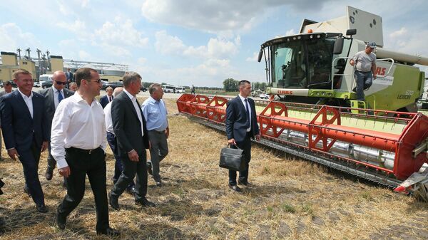  Дмитрий Медведев во время ознакомления с ходом работ по уборке зерновых культур в Курской области. 22 июля 2019