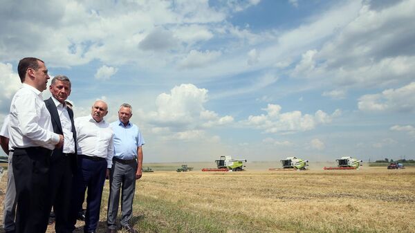 Дмитрий Медведев во время ознакомления с ходом работ по уборке зерновых культур в Курской области. 22 июля 2019