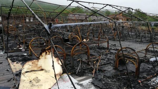 Последствия пожара на территории горнолыжного комплекса Холдоми в Солнечном районе в палаточном городке. 23 июля 2019