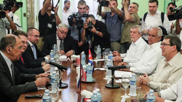 Министр иностранных дел РФ Сергей Лавров  во время переговоров с министром иностранных дел Кубы Бруно Родригесом Паррильей в Гаване, Куба. 24 июля 2019
