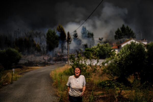 Сельская жительница кричит о помощи, когда лесной пожар приближается к дому в Макао, Португалия