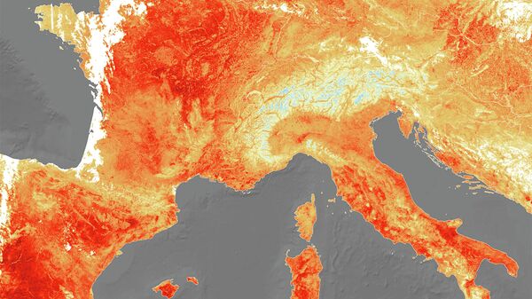 Карта температуры поверхности суши и моря в Европе 25 июля 2019