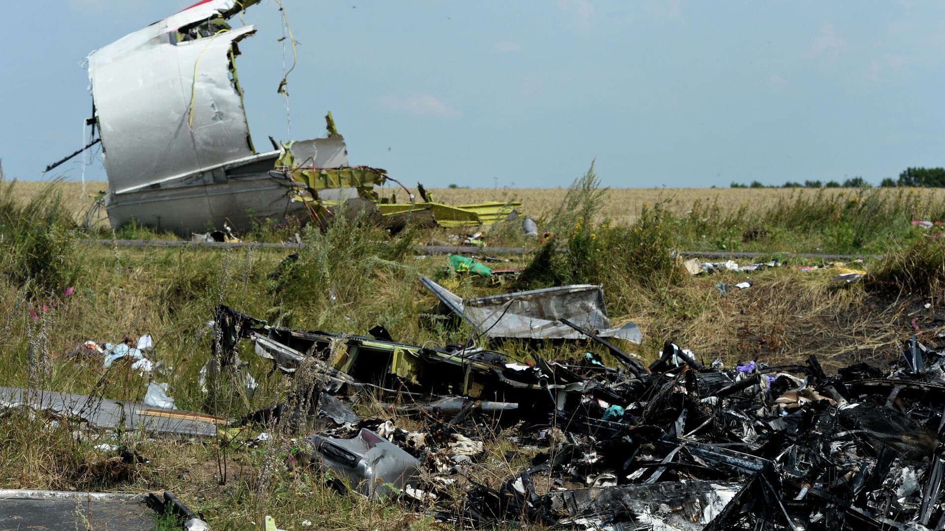 На месте крушения малайзийского Boeing 777 в районе деревни Грабово недалеко от Шахтерска в Донецкой области - РИА Новости, 1920, 29.02.2024