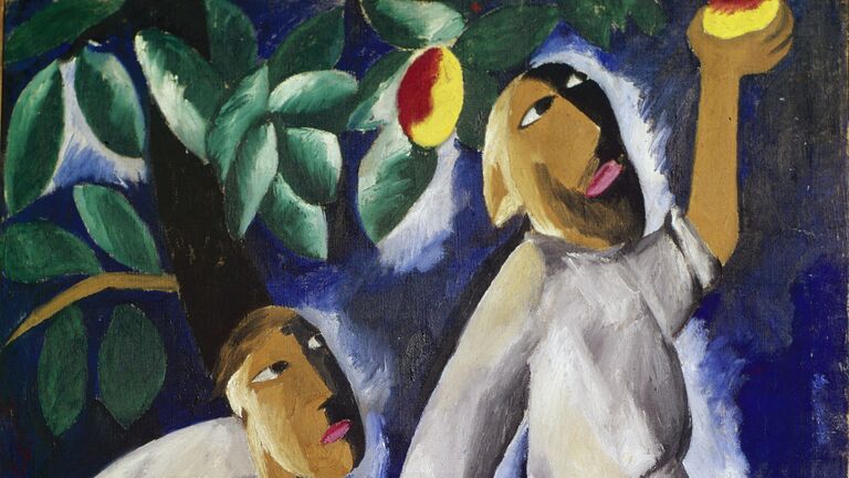Репродукция картины художника Натальи Сергеевны Гончаровой Крестьяне, собирающие яблоки