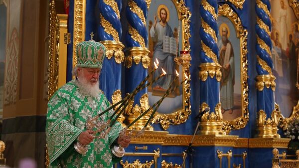 Патриарх Московский и всея Руси Кирилл во время освящения Успенского собора в Сарове. 31 июля 2019