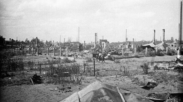 Сожженное фашистами при отступление еврейское гетто в Вилиямполе (район Каунаса). 1 августа 1944