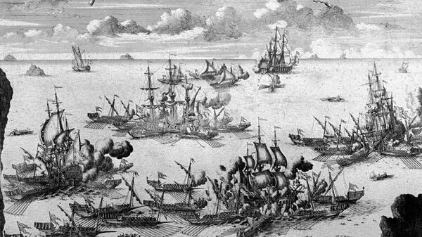 Морское сражение при Гренгаме 27 июля 1720 года. Гравюра А.Зубова, 1721 год