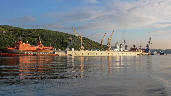 Атомный ледокол Россия и платформа плавучего дока в Мурманском морском порту