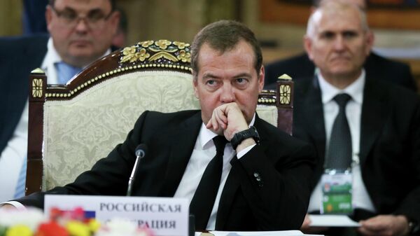 Председатель правительства РФ Дмитрий Медведев на заседании Евразийского межправительственного совета стран ЕАЭС