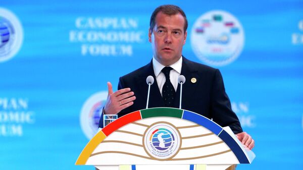 Дмитрий Медведев выступает на Первом Каспийском экономическом форуме. 12 августа 2019
