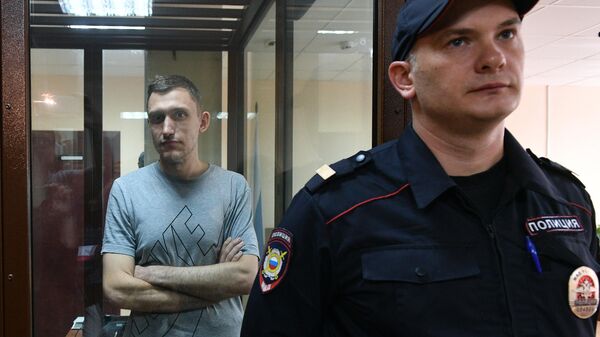 Константин Котов, задержанный на несанкционированной акции 10 августа в Москве, во время избрания ему меры пресечения. 14 августа 2019