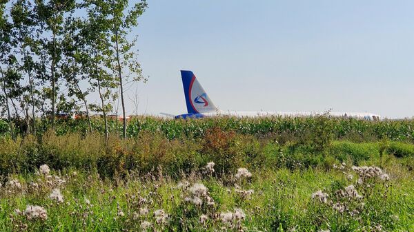 Самолет Airbus А-321 авиакомпании Уральские авиалинии после вынужденной посадки в Жуковском