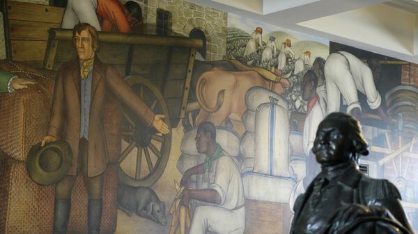 Фрагмент фрески Жизнь Вашингтона российско-американского художника Виктора Арнаутова на стене в средней школе им.Джорджа Вашингтона в Сан-Франциско, США