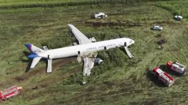 Самолет Airbus А-321 авиакомпании Уральские авиалинии после аварийной посадки в Жуковском