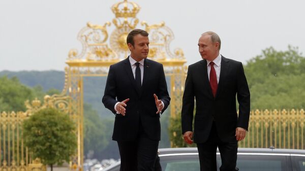 Президент РФ Владимир Путин и президент Франции Эммануэль Макрон во время встречи