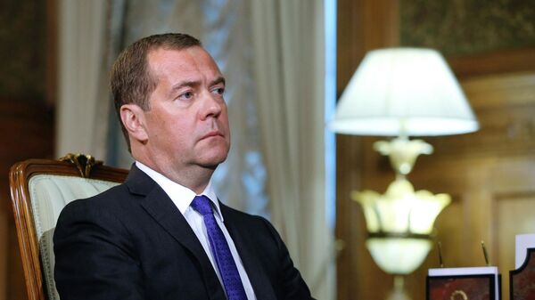 Председатель правительства РФ Дмитрий Медведев во время встречи с губернатором Новгородской области Андреем Никитиным.  21 августа 2019
