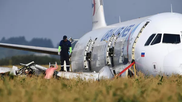 Самолет Airbus А321 авиакомпании Уральские авиалинии в кукурузном поле в районе деревни Рыбаки в Раменском районе Московской области