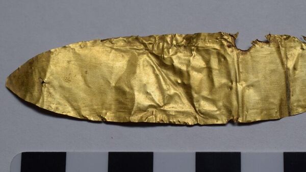 Золотой нагубник/наглазник, обнаруженный в древнем могильнике Опушки под Симферополем