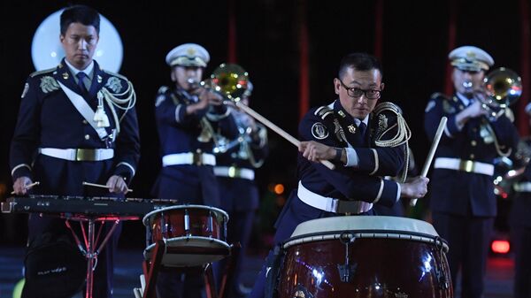 Центральный оркестр Сухопутных сил самообороны Японии на репетиции парада участников Международного военно-музыкального фестиваля Спасская башня на Красной площади в Москве