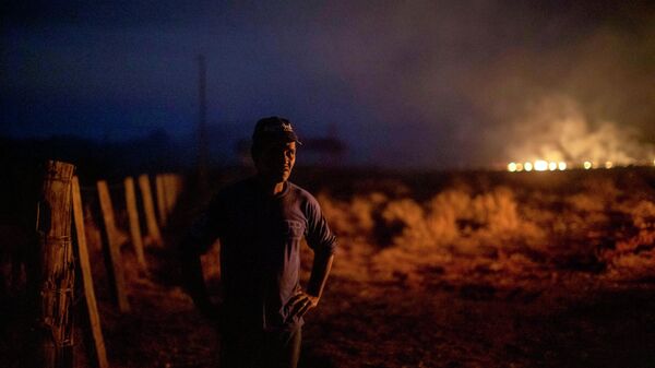 Бразилец Нери душ Сантуш смотрит на пожар на ферме, где он работает в муниципалитете Нова Санта-Хелена, штат Мату-Гросу, Бразилия. 23 августа 2019