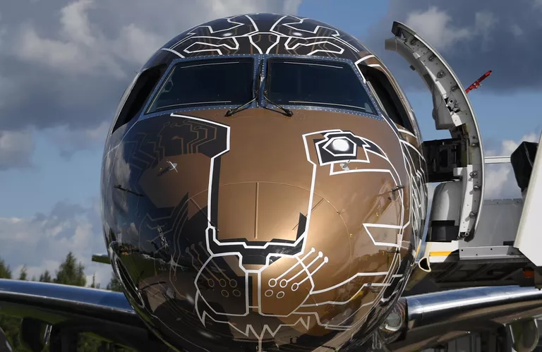 Самолет бразильской компании Embraer 195-E2 Profit Hunter на Международном авиационно-космическом салоне МАКС-2019 в подмосковном Жуковском Самолет бразильской компании Embraer 195-E2 Profit Hunter на Международном авиационно-космическом салоне МАКС-2019 в подмосковном Жуковском