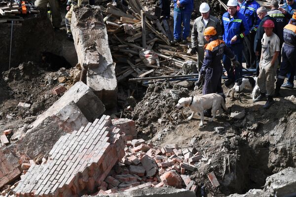 Сотрудники МЧС РФ с собаками на месте завалов, где обрушилось перекрытие в строящемся здании в Новосибирске