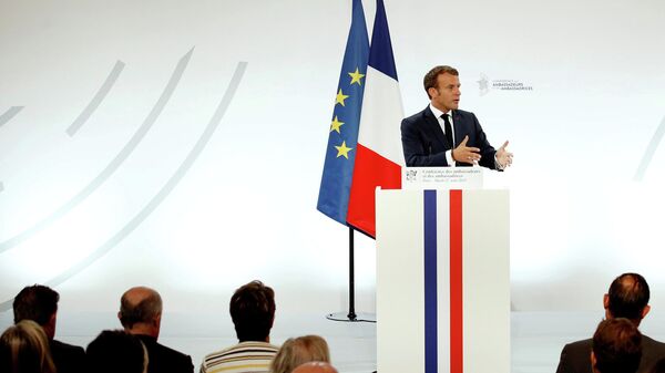 Президент Франции Эммануэль Макрон выступает с речью на ежегодной конференции французских послов в Елисейском дворце в Париже. 27 августа 2019