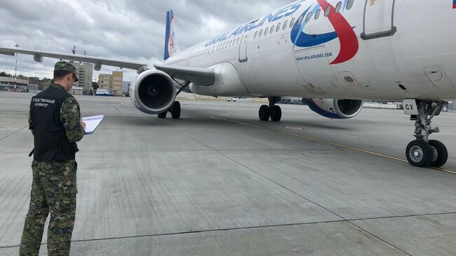 Сотрудник Следственного комитета возле самолета Airbus A321, совершившего вынужденную посадку в аэропорту Кольцово