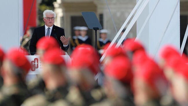 Президент Германии Франк-Вальтер Штайнмайер во время торжественной церемонии, посвященной 80-й годовщине начала Второй мировой войны в Варшаве, Польша.1 сентября 2019