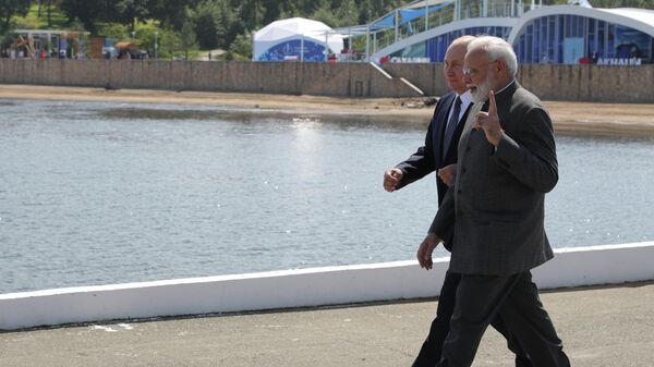 Президент РФ Владимир Путин и премьер-министр Индии Нарендра Моди во время встречи на острове Русский