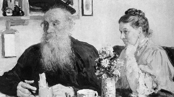 Репродукция картины художника Ильи Репина Лев Николаевич Толстой и Софья Андреевна Толстая за столом.