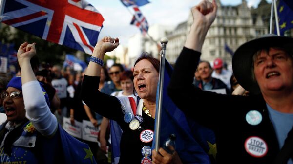 Участники акции против Brexit возле здания парламента в Лондоне