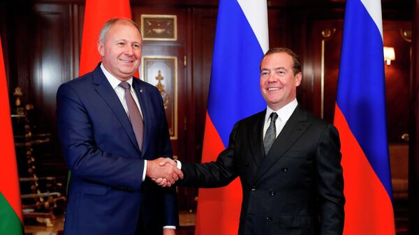 Дмитрий Медведев и премьер-министр Белоруссии Сергей Румас, находящийся в России с рабочим визитом, во время встречи. 6 сентября 2019