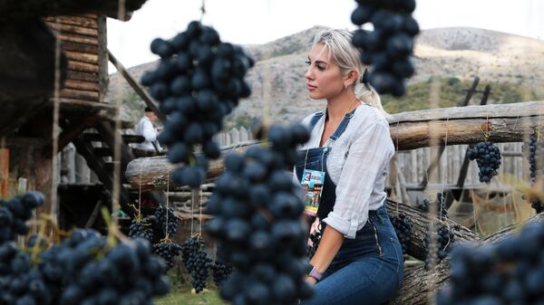 Девушка фотографируется в виноградной фотозоне на Празднике Винограда в интерактивном парке Викинг в селе Перевальное Симферопольского района