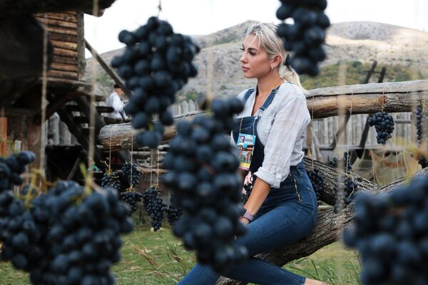 Девушка фотографируется в виноградной фотозоне на Празднике Винограда в интерактивном парке Викинг в селе Перевальное Симферопольского района