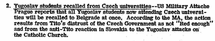 Фрагмент сводки ЦРУ от 31 октября 1946 года об отзыве югославских студентов из чешских университетов