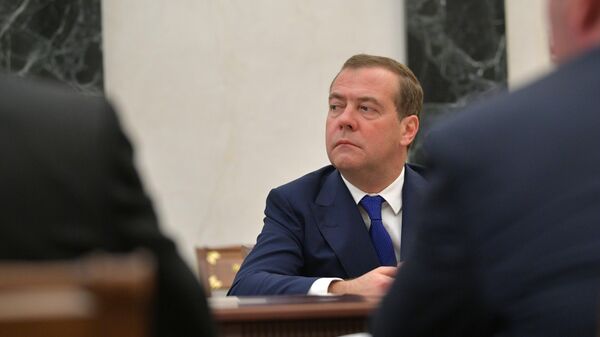 Председатель правительства РФ Дмитрий Медведев на совещании президента РФ Владимира Путина с членами правительства РФ