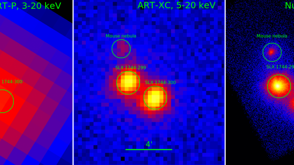 Барстеры  SLX 1744-299 и SLX 1744-300 и туманность Мышка. Изображения телескопов АРТ-П/Гранат, ART-XC/Спектр-РГ, NuSTAR (НАСА)