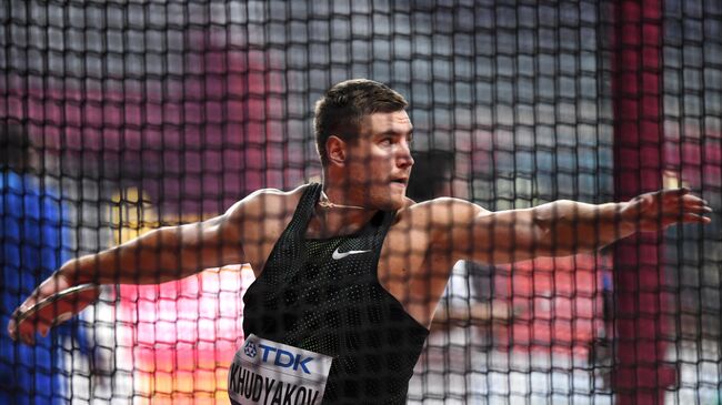 Российский спортсмен Алексей Худяков в квалификационных соревнованиях по метанию диска среди мужчин на чемпионате мира по легкой атлетике 2019 в Дохе.