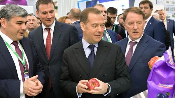 Председатель правительства РФ Дмитрий Медведев во время посещения 21-й Российской агропромышленной выставки Золотая осень на ВДНХ