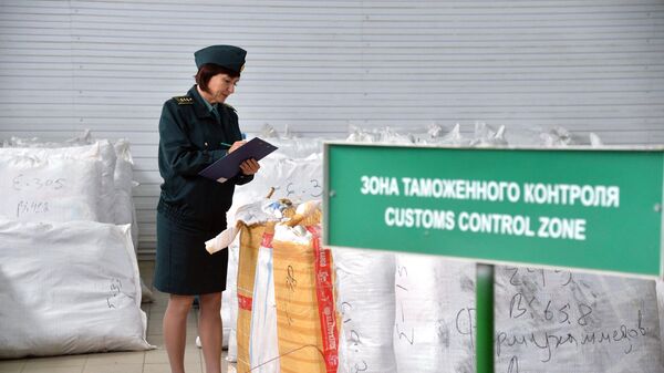 Сотрудница таможенной службы РФ осуществляет досмотр вещей на российско-казахстанской границе